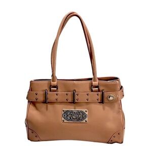 Hello Kitty Vintage Tan Carmel Bronze Studs Vegan Leather Satchel Tote Bag Purse